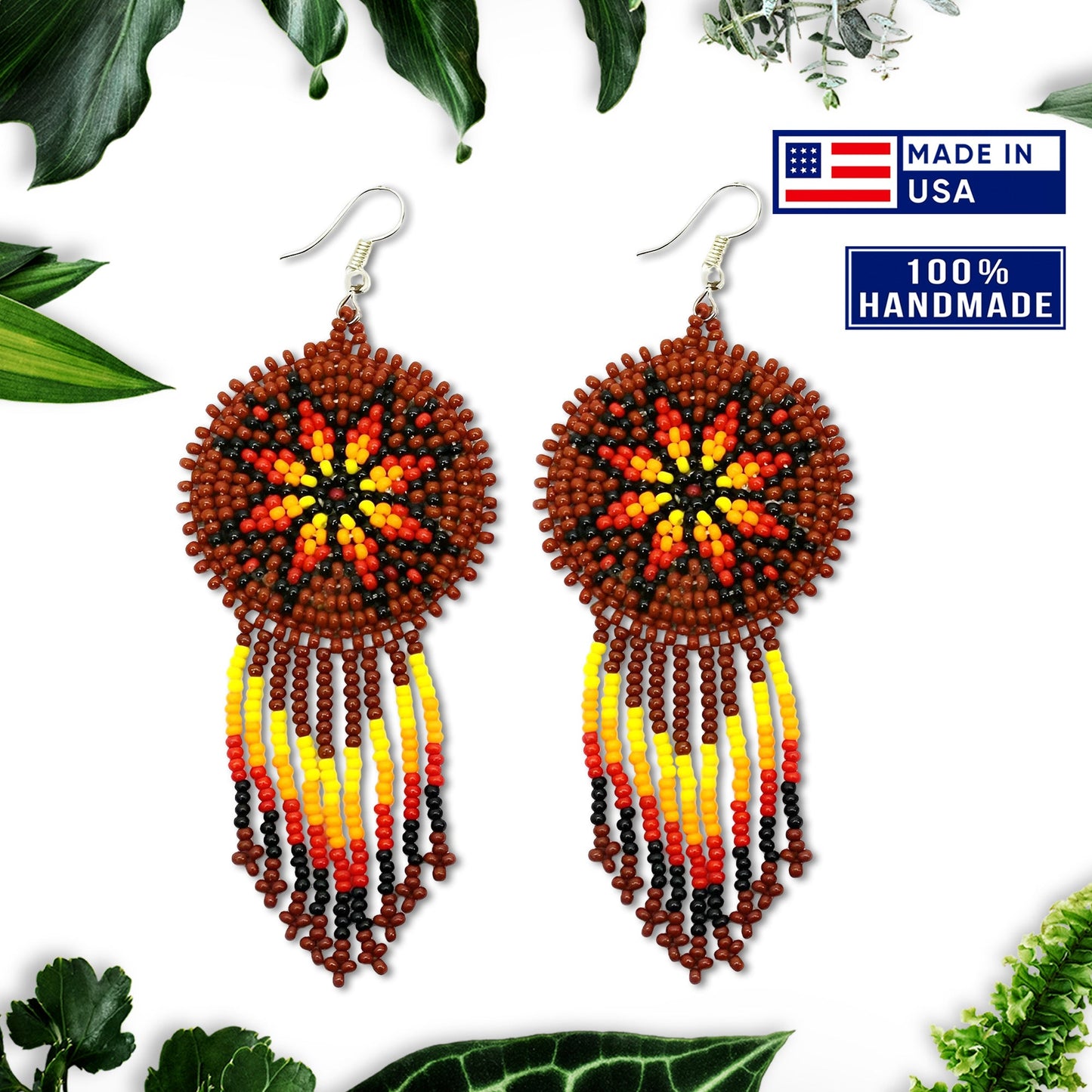 SALE 50% OFF - Brown Fire Color Flower Round Beaded Handmade Earrings For Women