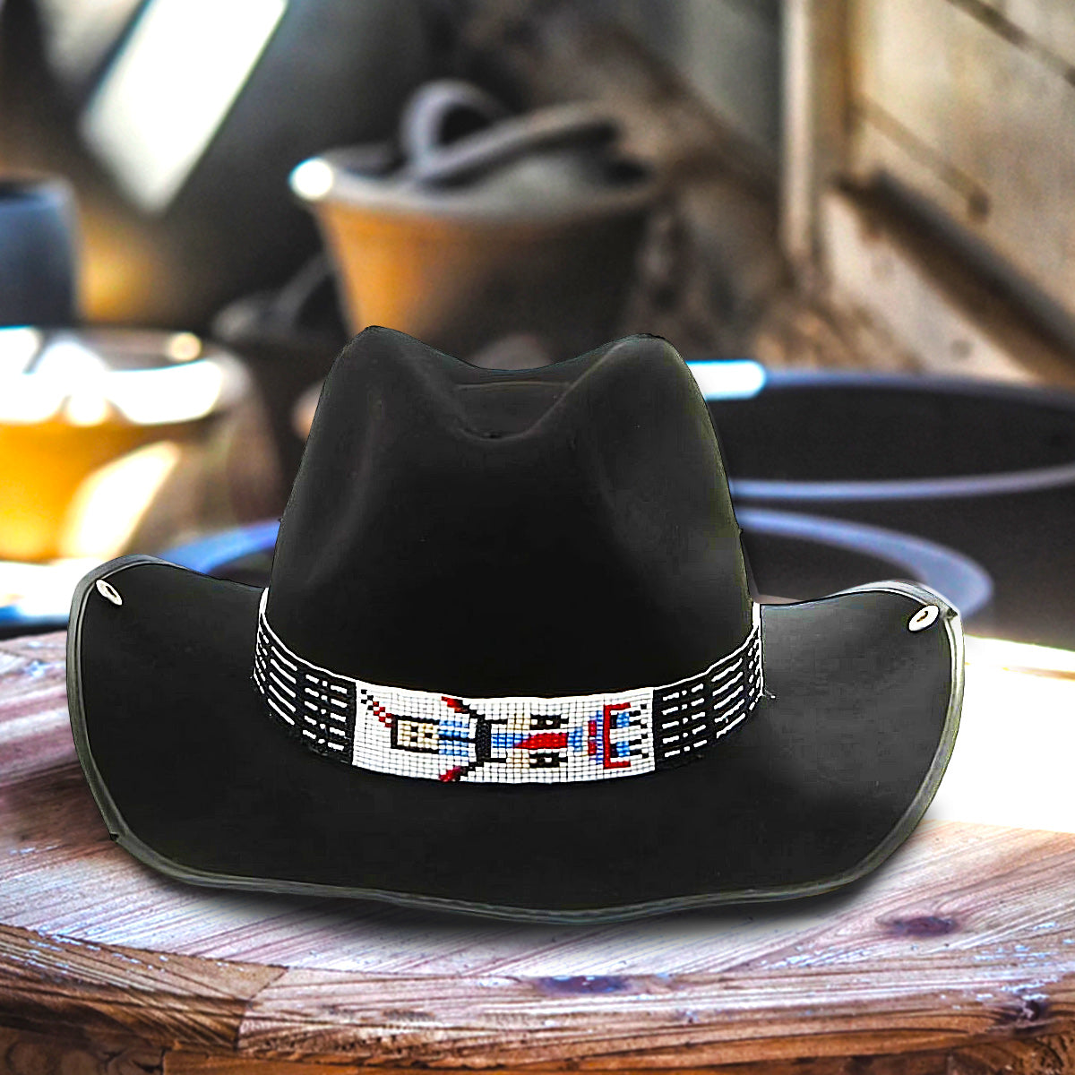SALE 50% OFF - Black Red White Seed Beaded Yei Dancer Beadwork Cowboy Hat Band Belt IBL