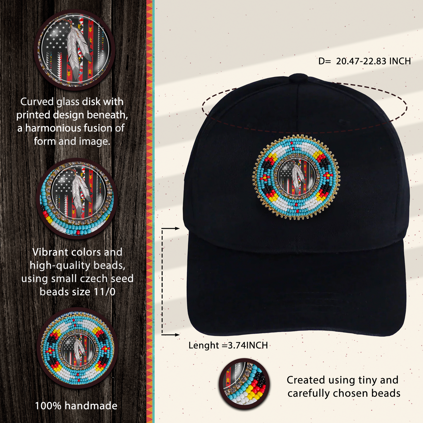 SALE 50% OFF - Feather Baseball Cap With Beaded Patch A Cotton Unisex Native American Style