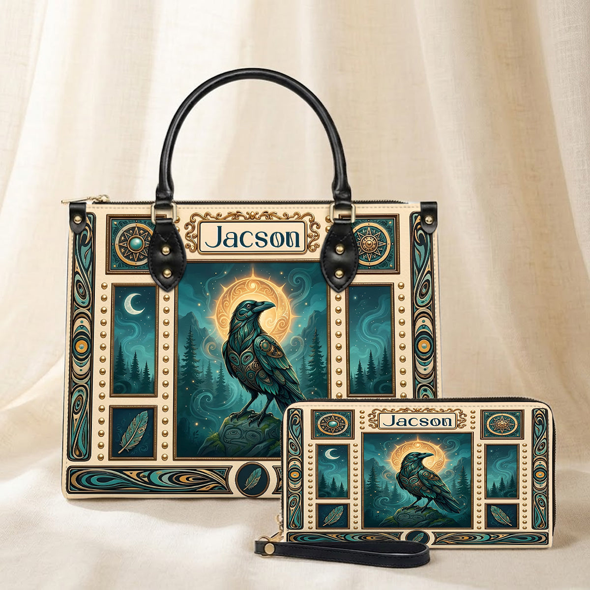 Native Raven Pattern Leather Bag