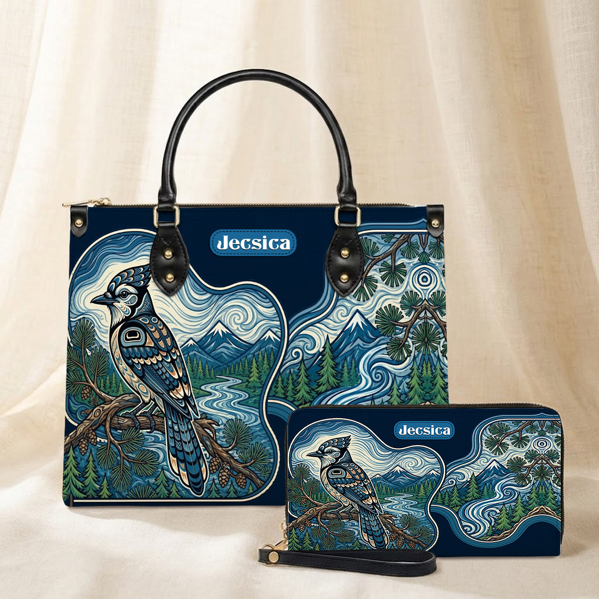 Blue Jay Forest Whispers Personalized Leather Bag - Q1579