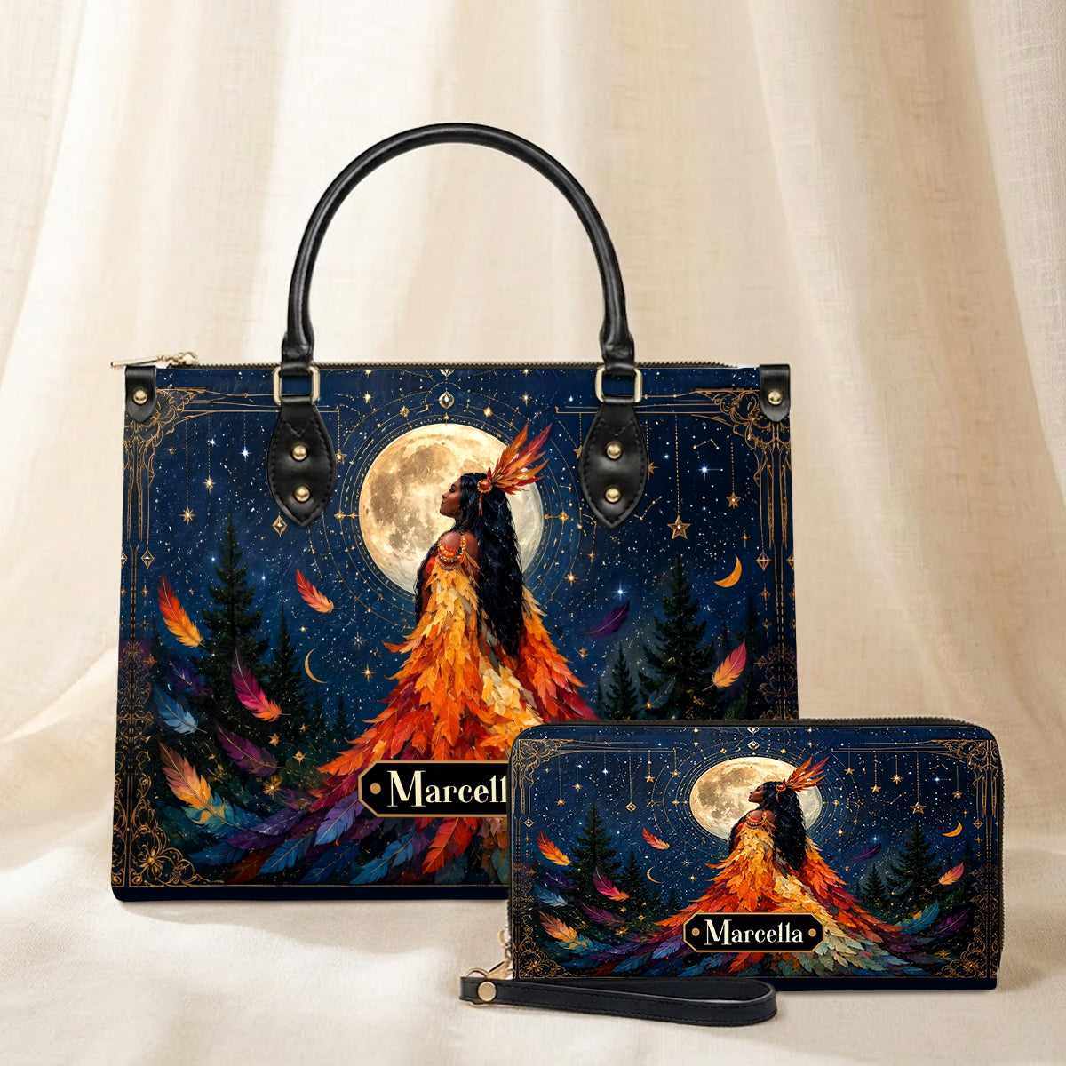 Moonlit Feather Grace Personalized Leather Bag