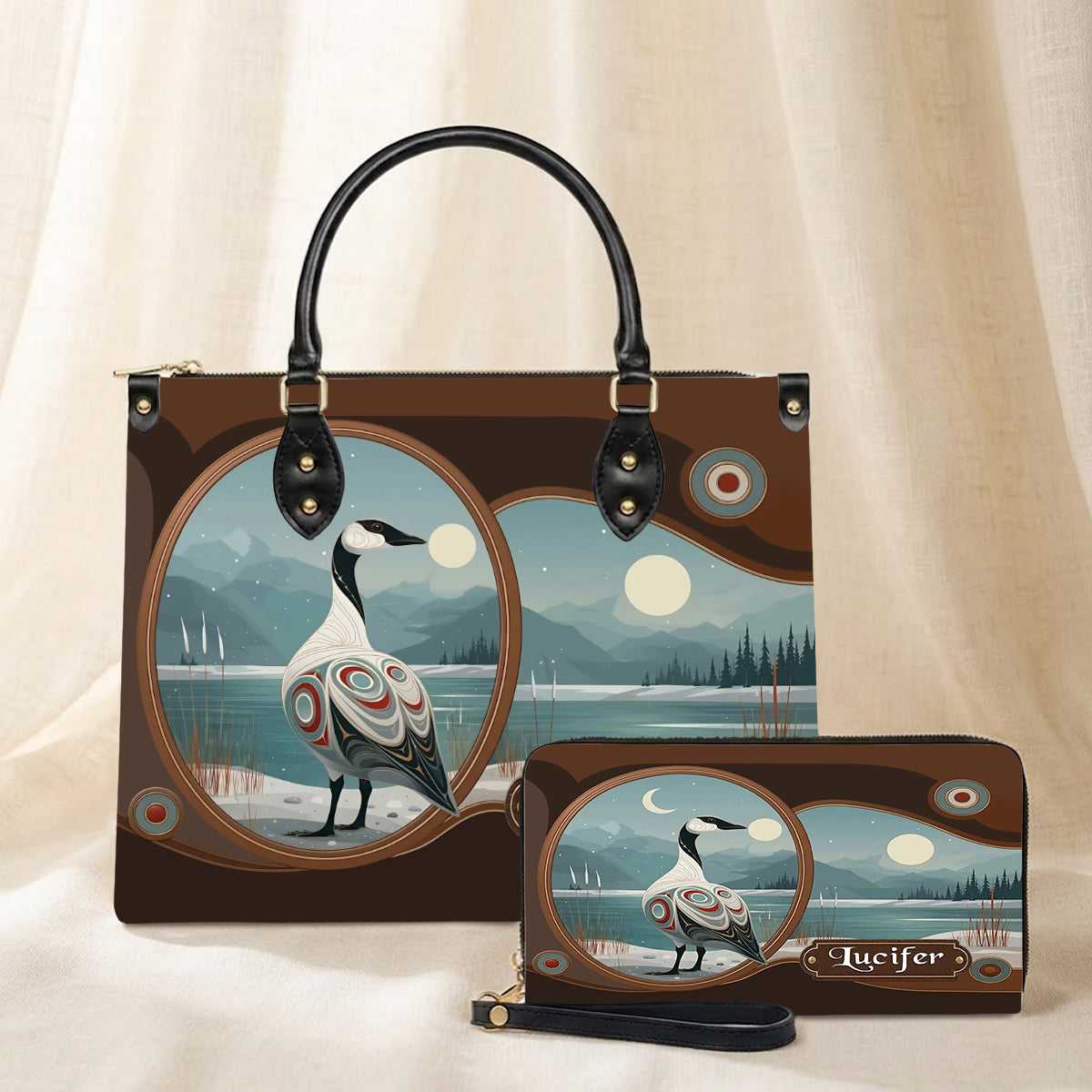 Moonlit Goose Serenity Personalized Leather Bag - Q1579