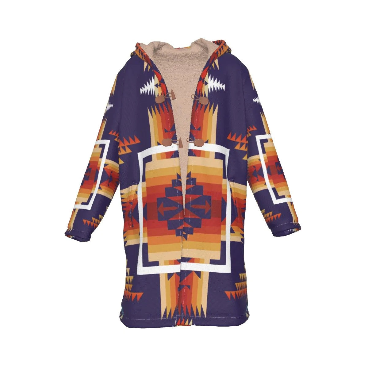 Violet & Orange Pattern Horn Button Long Fleece Windbreaker