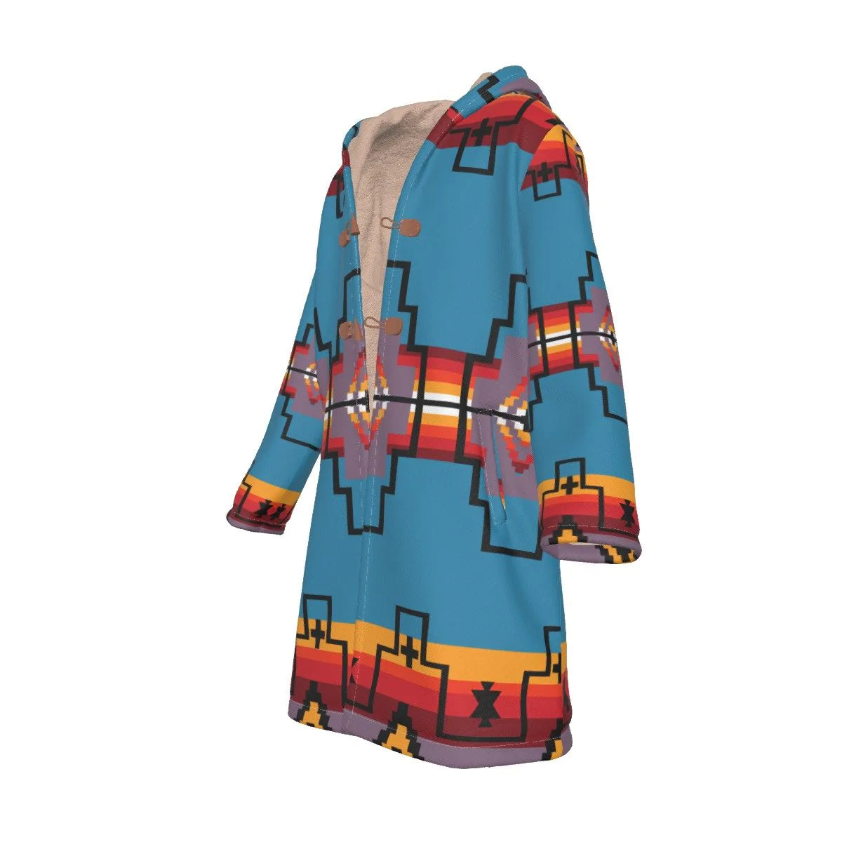 Native American Blue Pattern Horn Button Long Fleece Windbreaker NBD
