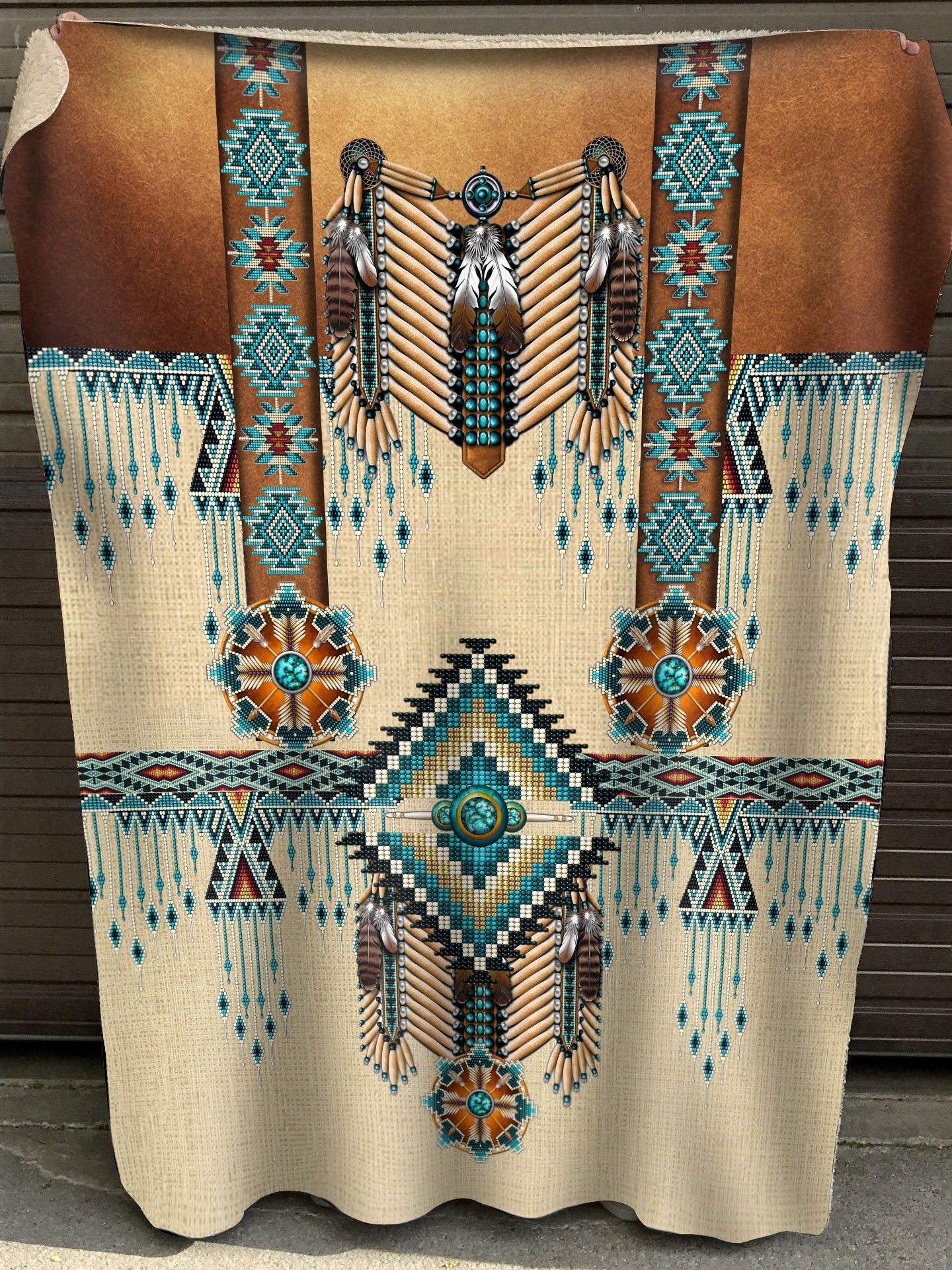 Turiquoise Native Indian Pattern Feather 3D Native Fleece Blanket