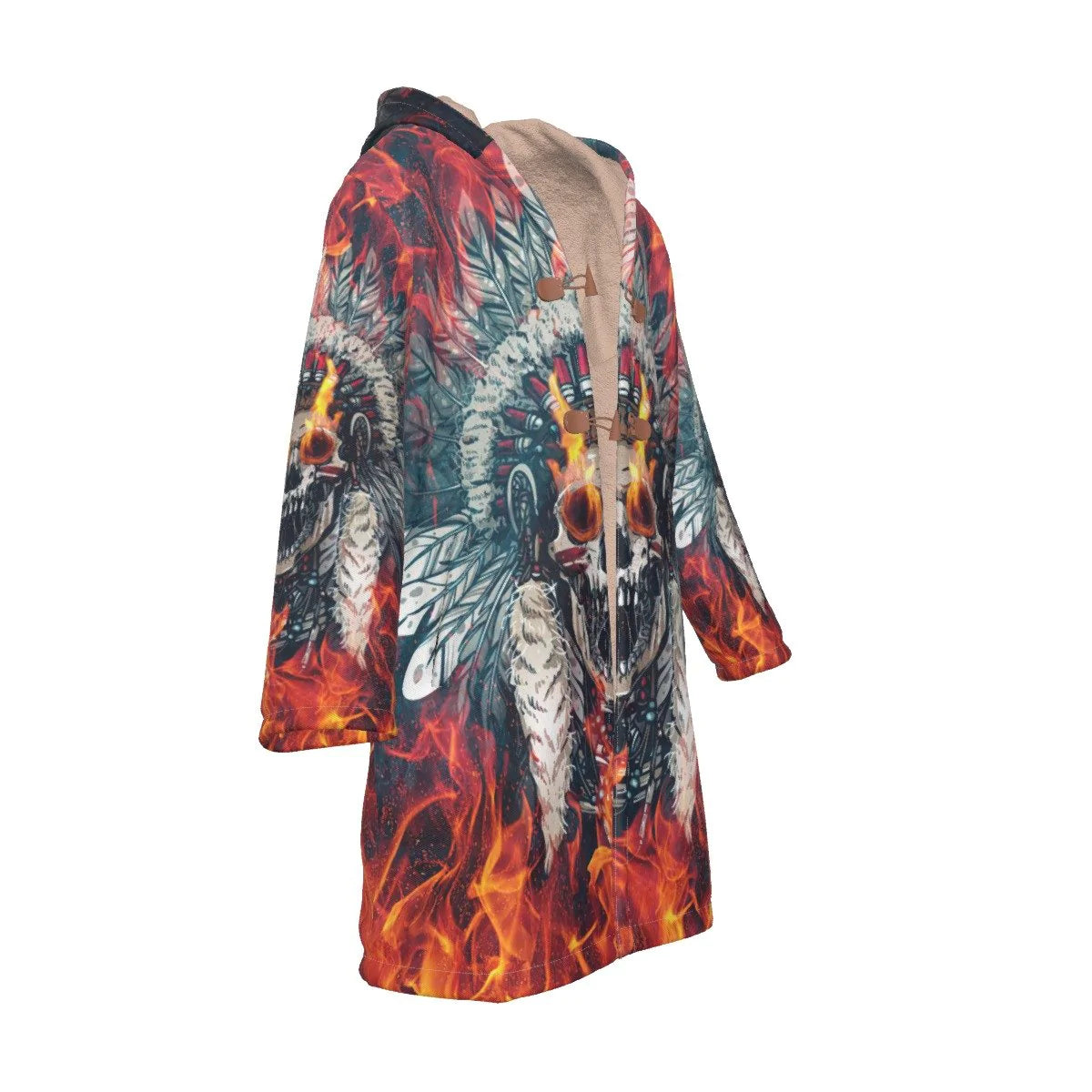 Native American Skull With Fire Eyes Horn Button Long Fleece Windbreaker NBD