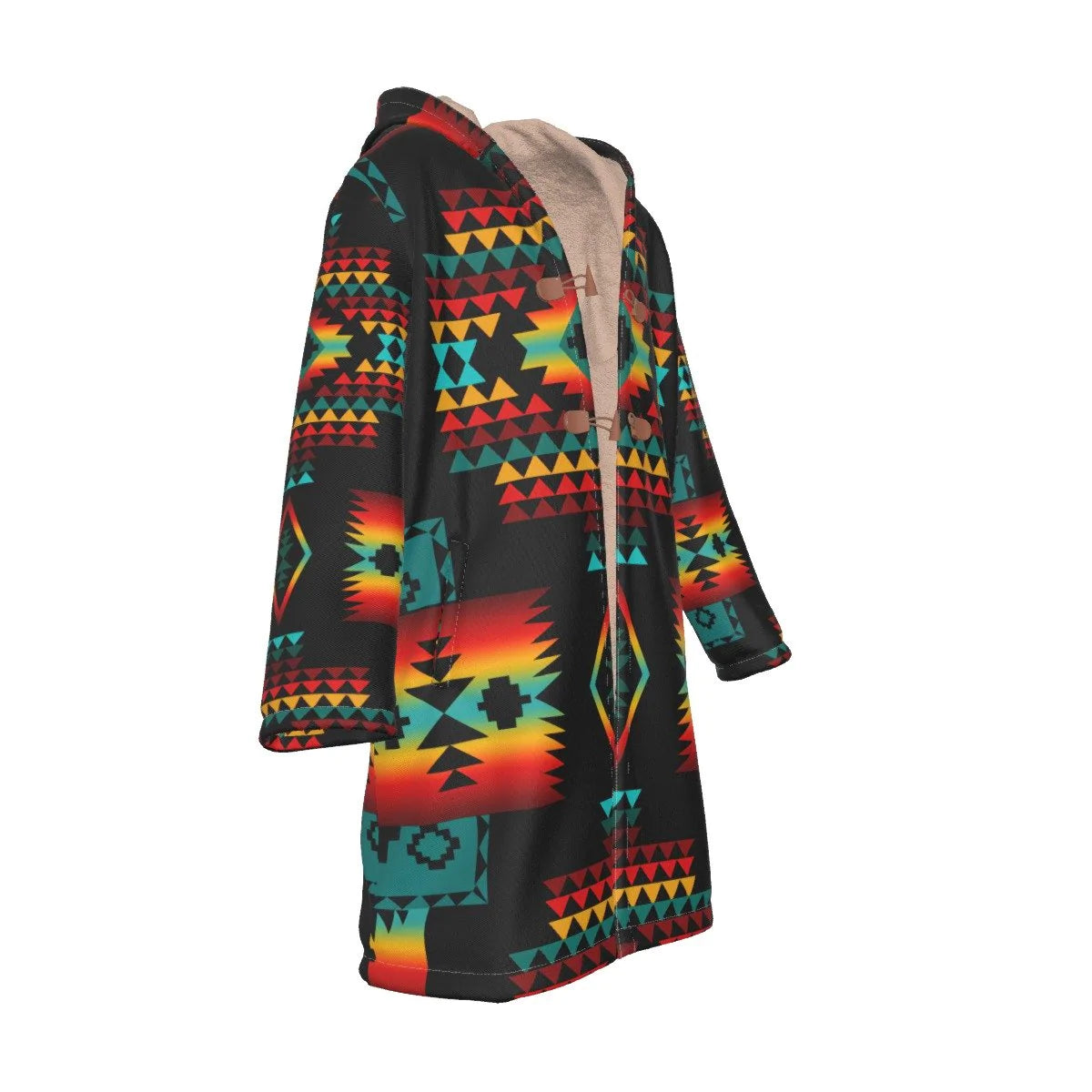 Native American Culture Pattern Horn Button Long Fleece Windbreaker