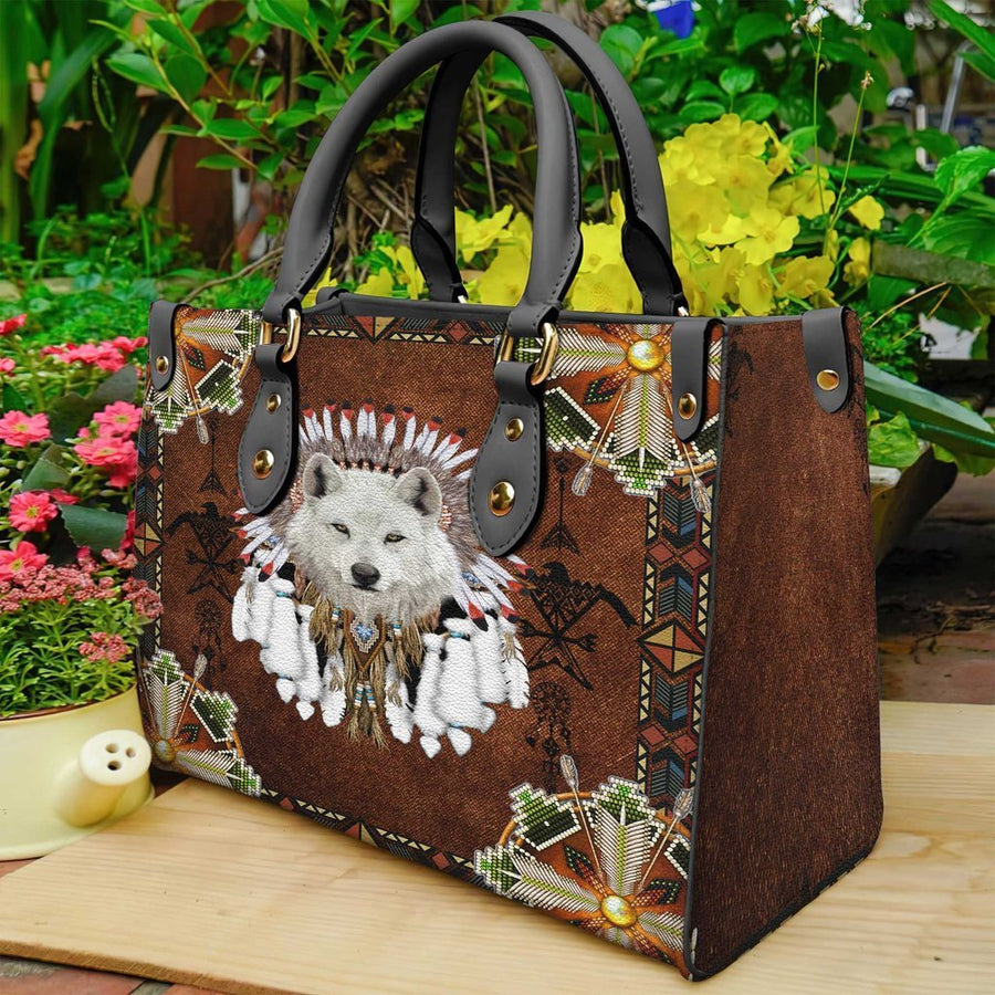 White Wolf With Headress Feathers Leather Bag NBD
