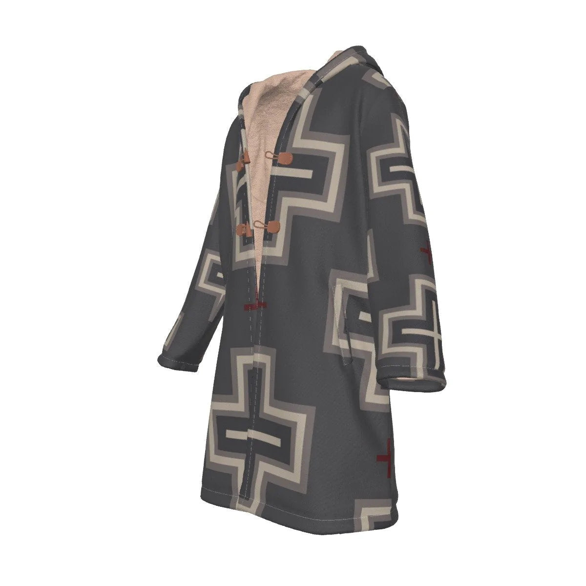 Plus Pattern On Black Background Horn Button Long Fleece Windbreaker NBD