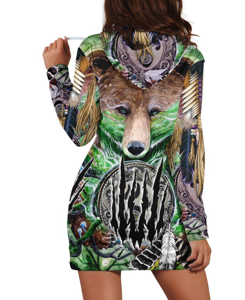 Native Bear Green Hoodie Dress