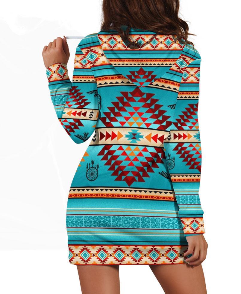 Native Turquoise Background Hoodie Dress