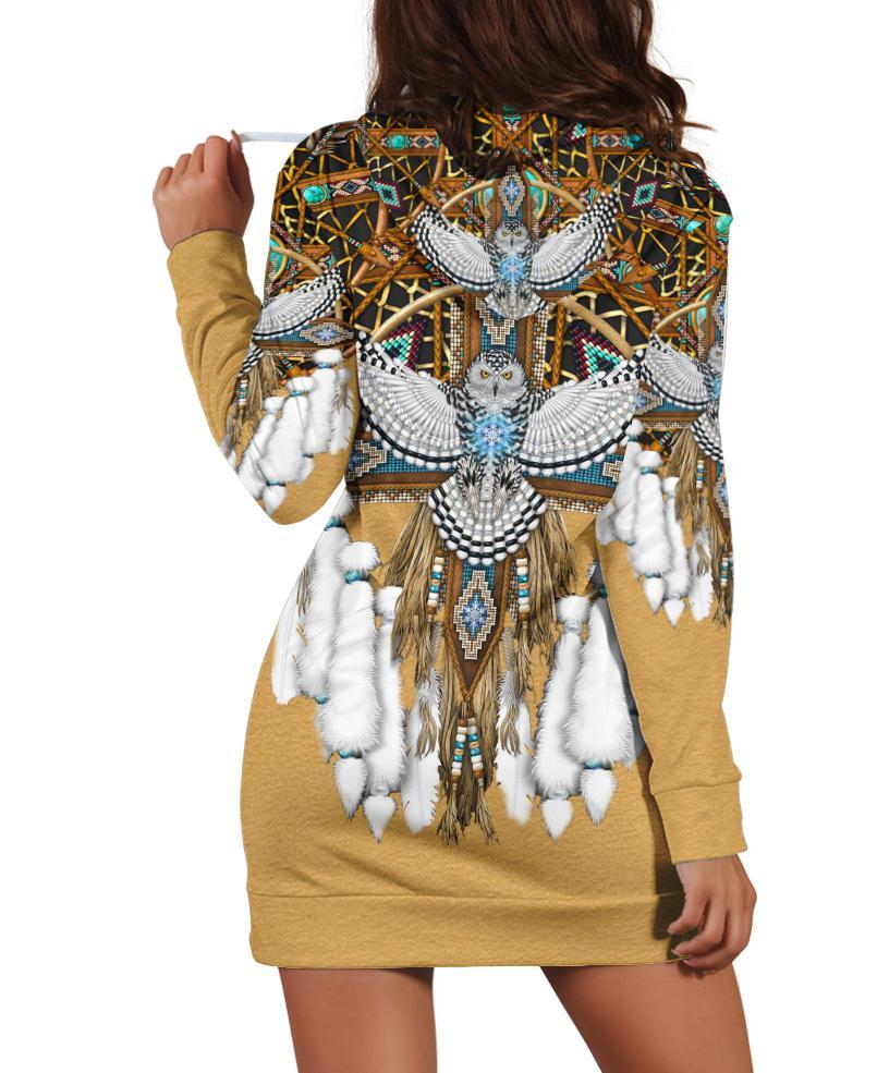 Native Owl Pattern Hoodie Dress