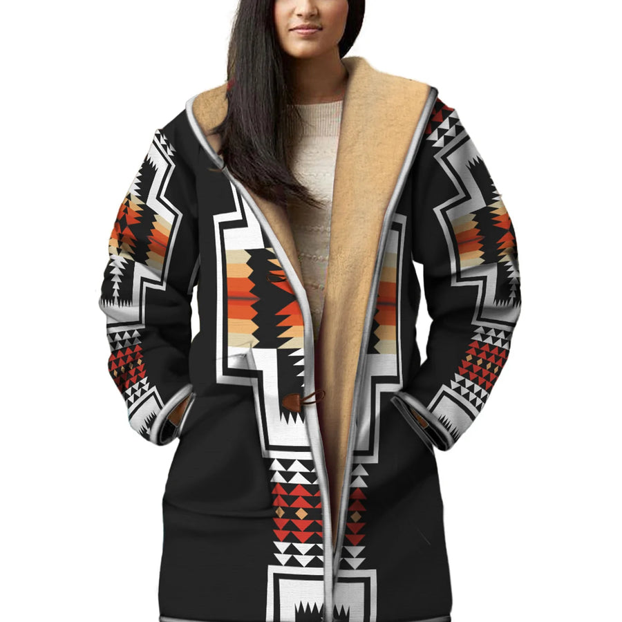 Native American Culture Pattern Horn Button Long Fleece Windbreaker
