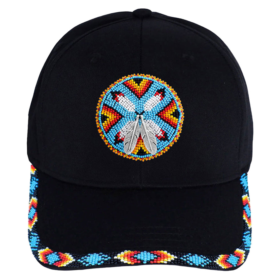 Dark Blue Pattern Four Feather Handmade Beaded Patch Hat WCS
