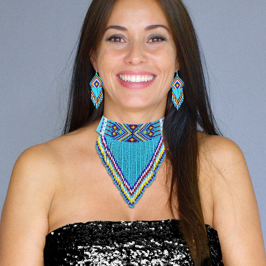 Turquoise Blue Beaded Choker Necklace Earrings Set WCS
