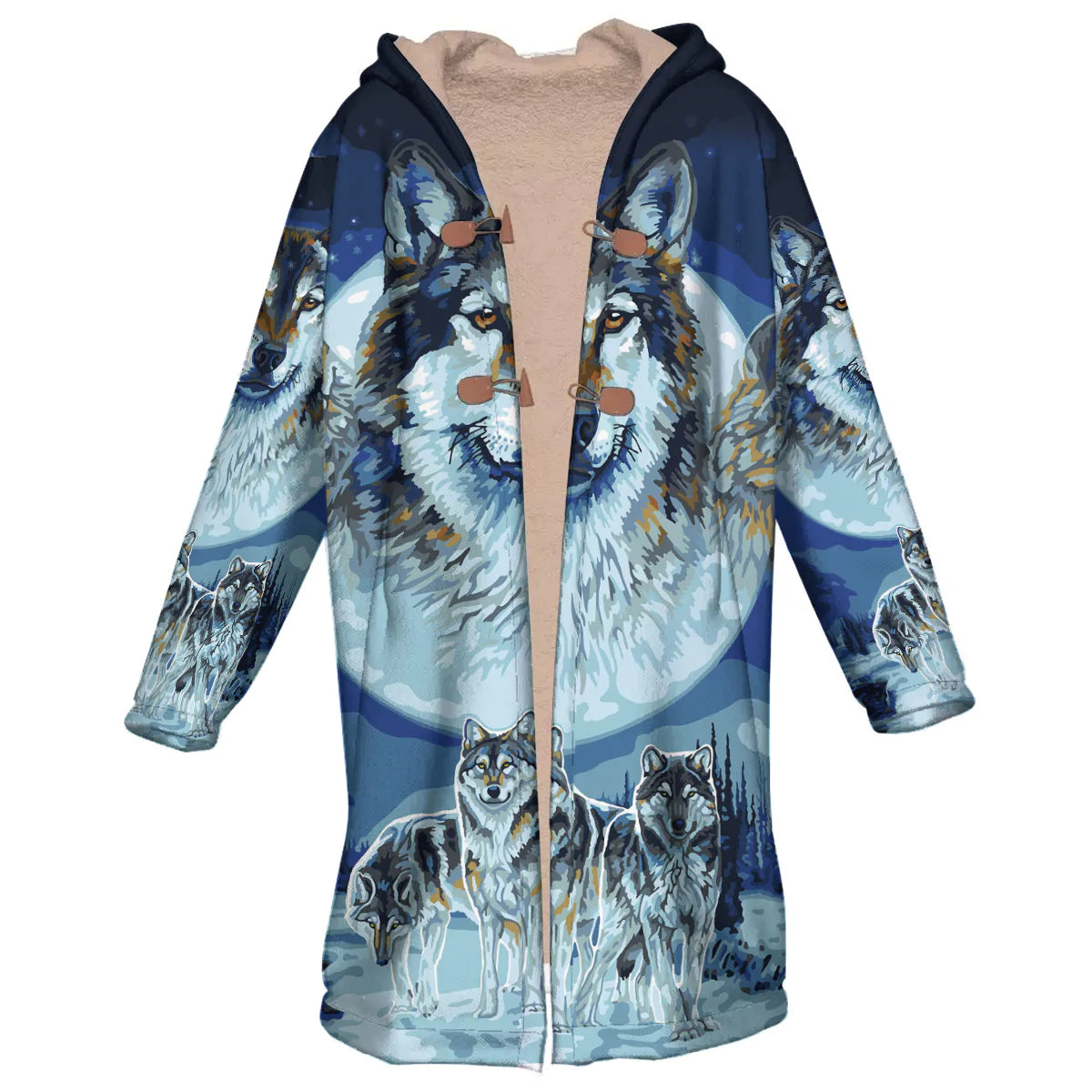Native American Wolfs Snow Horn Button Long Fleece Windbreaker NBD