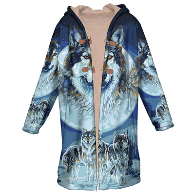 Native American Wolfs Snow Horn Button Long Fleece Windbreaker NBD