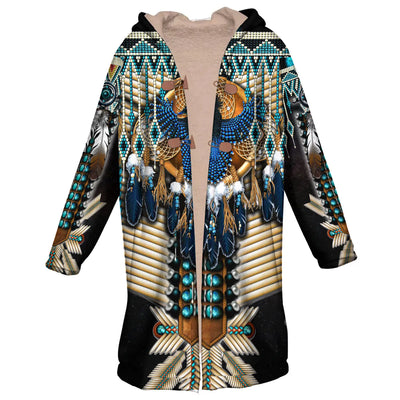 Peacock Pattern Horn Button Long Fleece Windbreaker NBD
