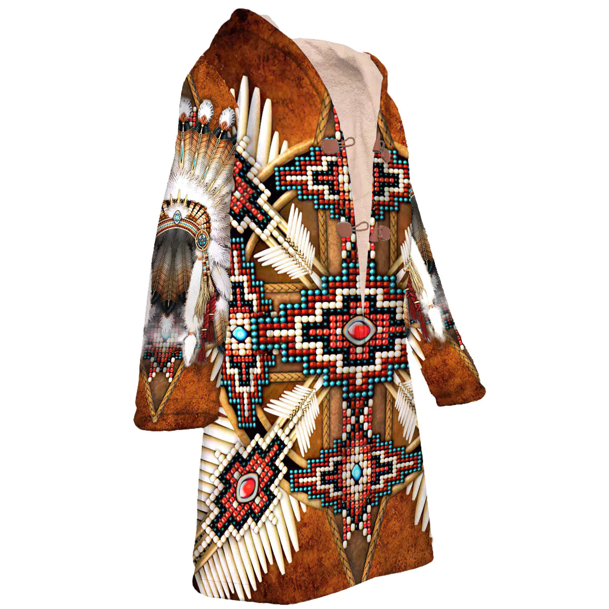 Native American Wolf Dreamcatcher Pattern Horn Button Long Fleece Windbreaker NBD
