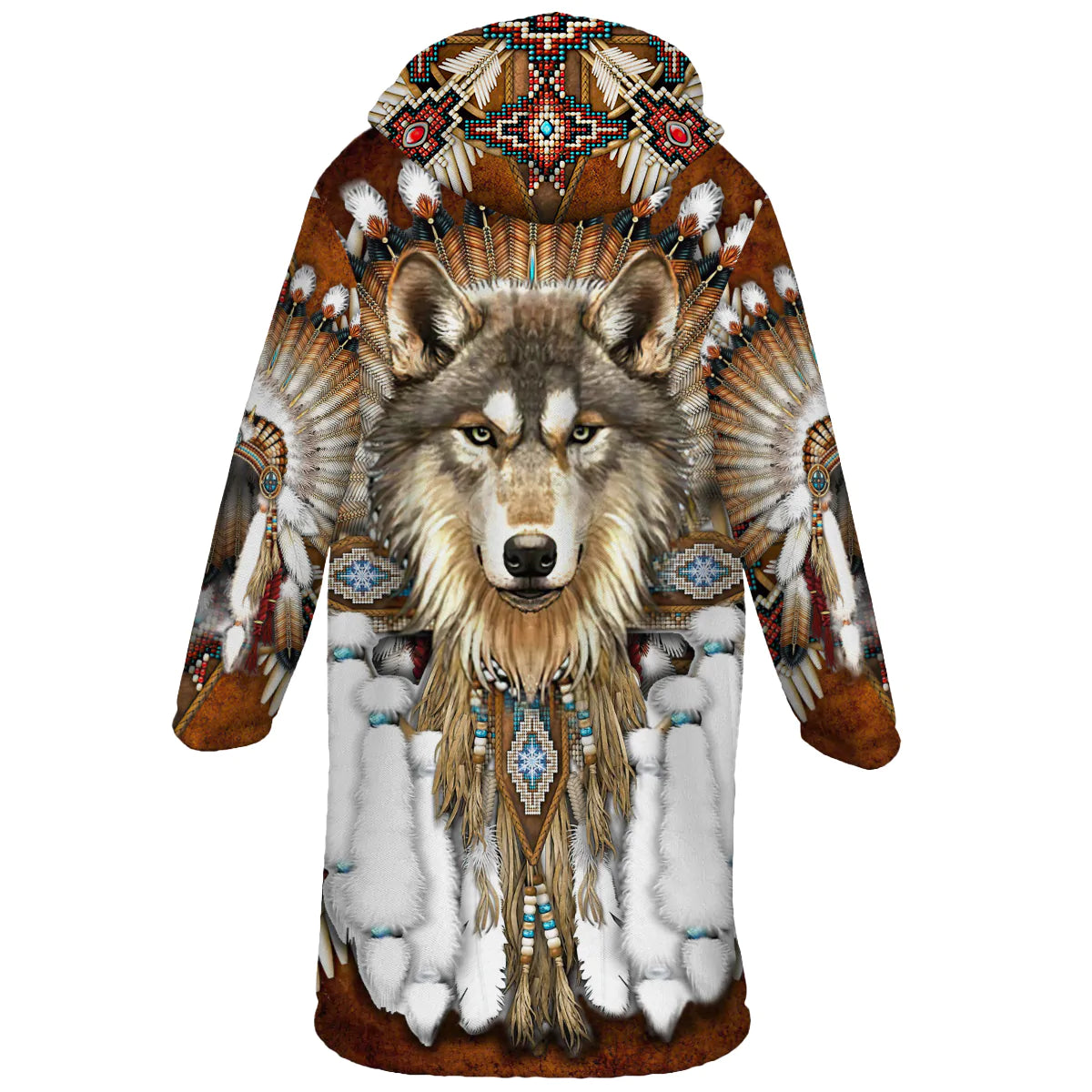 Native American Wolf Dreamcatcher Pattern Horn Button Long Fleece Windbreaker NBD