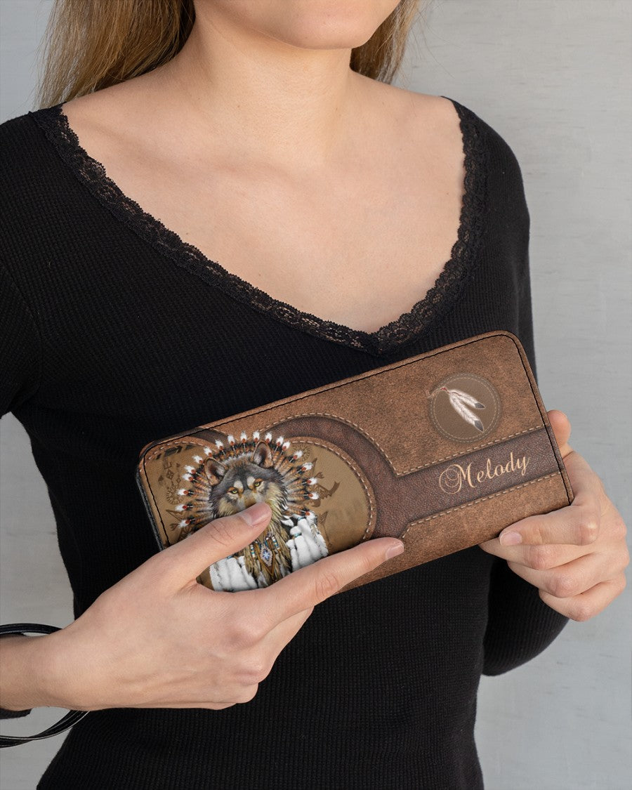 CUSTOM NAME HERE - Native American Wolf Womens Clutch Purse NBD