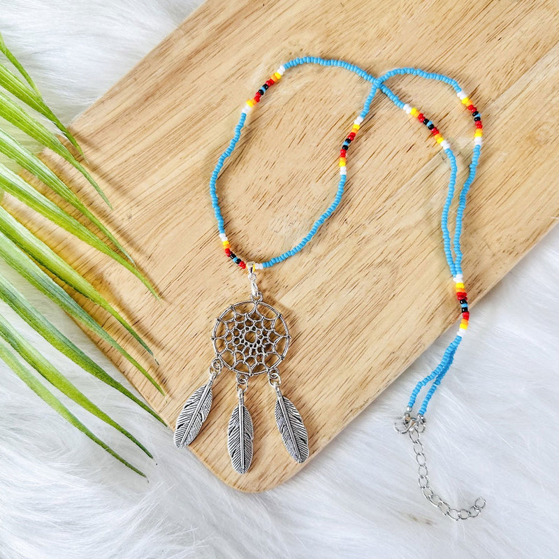 SALE 50% OFF - Long Silver Dreamcatcher Handmade Beaded Necklace For Women With Native American Style