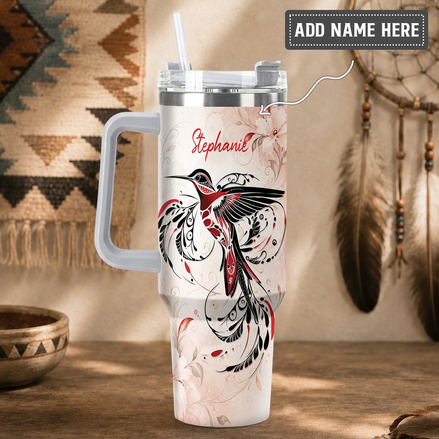 Crimson Hummingbird Elegance Personalized Tumbler