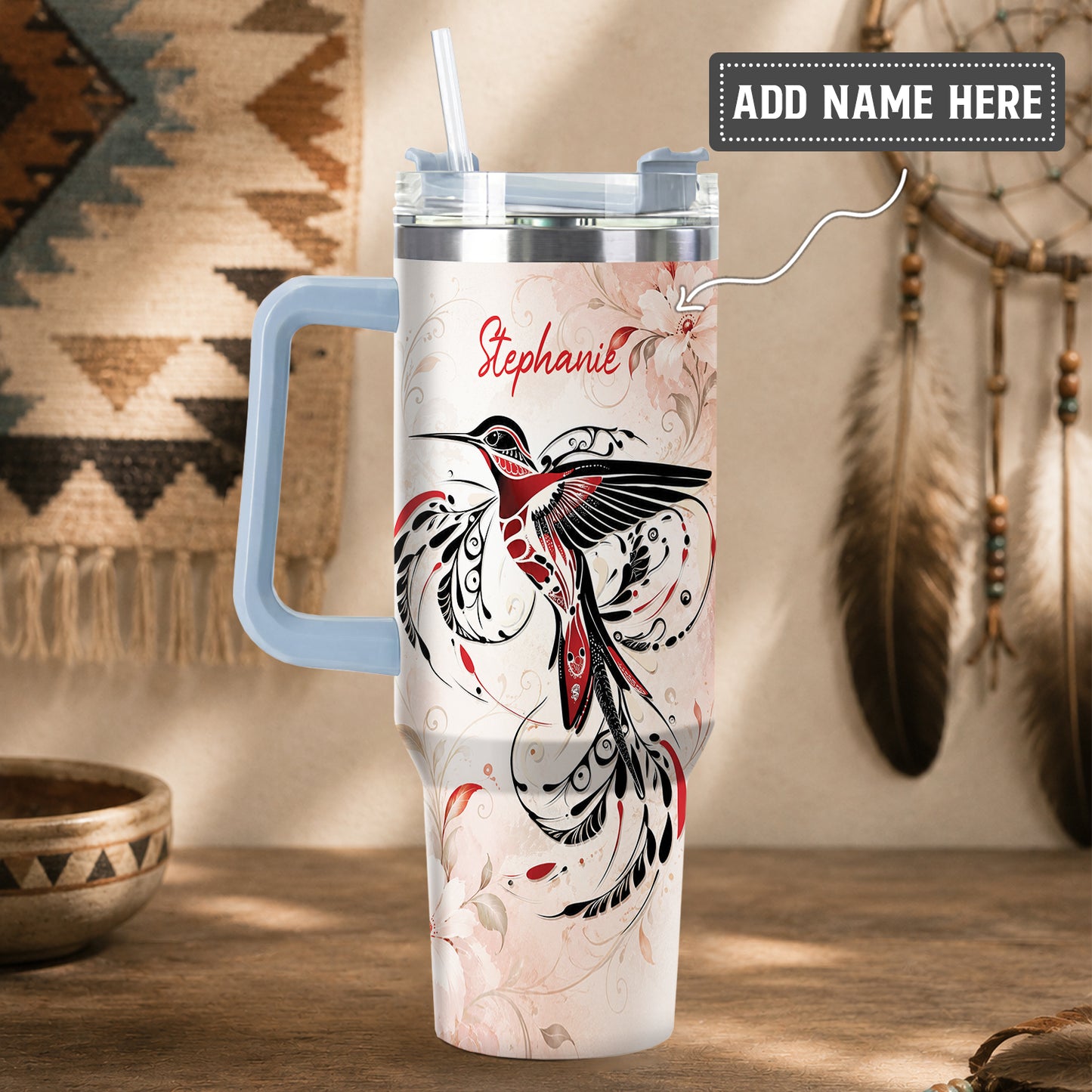 Crimson Hummingbird Elegance Personalized Tumbler