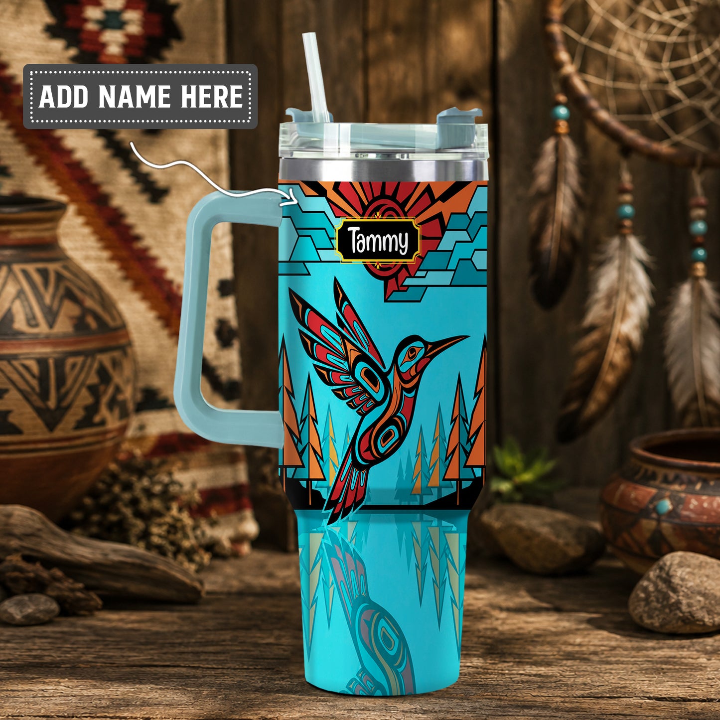 Turquoise Hummingbird Horizon Personalized Tumbler