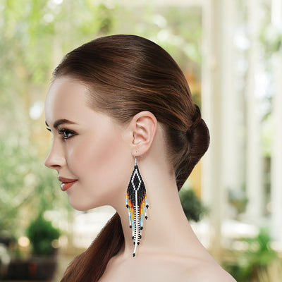 SALE 50% OFF - Black Multi-Color Hook Pattern Beaded Handmade Earrings For Women