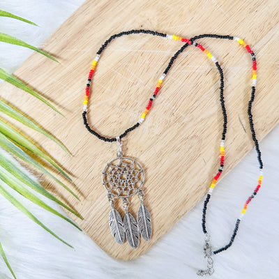 SALE 50% OFF - Long Silver Dreamcatcher Red Petals Handmade Beaded Necklace For Women With Native American Style