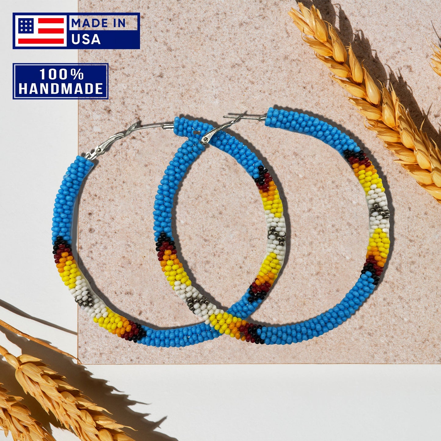 SALE 50% OFF - Cyan Blue 3-inch Hoop Pattern Beaded Handmade Earrings For Women