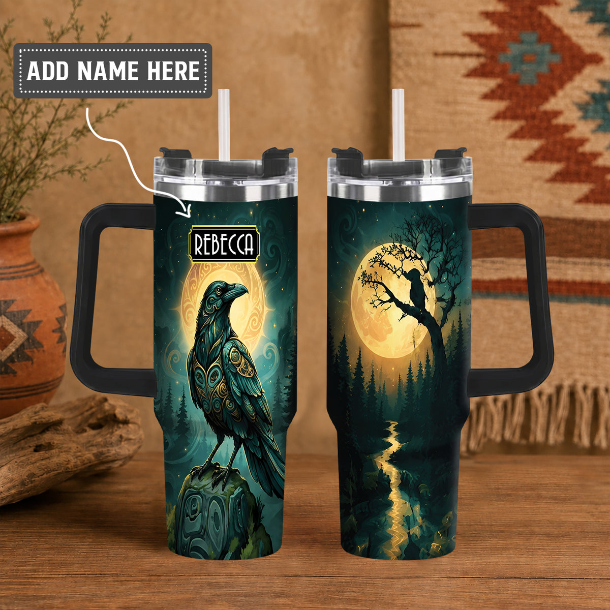 Raven Midnight Forest Personalized Tumbler