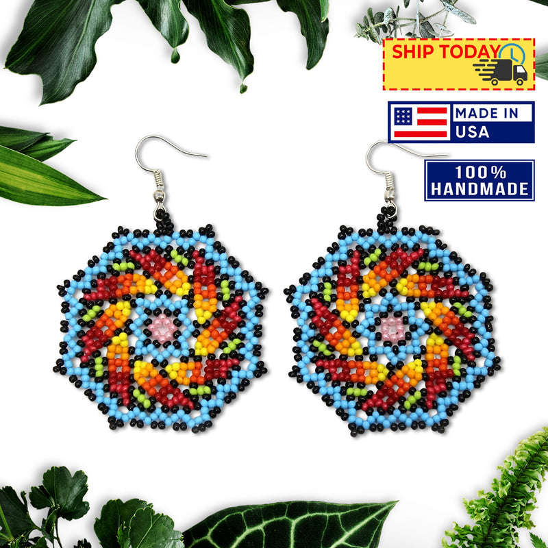 SALE 50% OFF - Octagon Blue Multi-Color Bohemian Beaded Handmade Earrings For Women