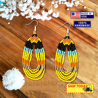 SALE 50 %OFF - Orange Black Fire Seed Beaded Necklace Earrings  Bear Paw Beadwork