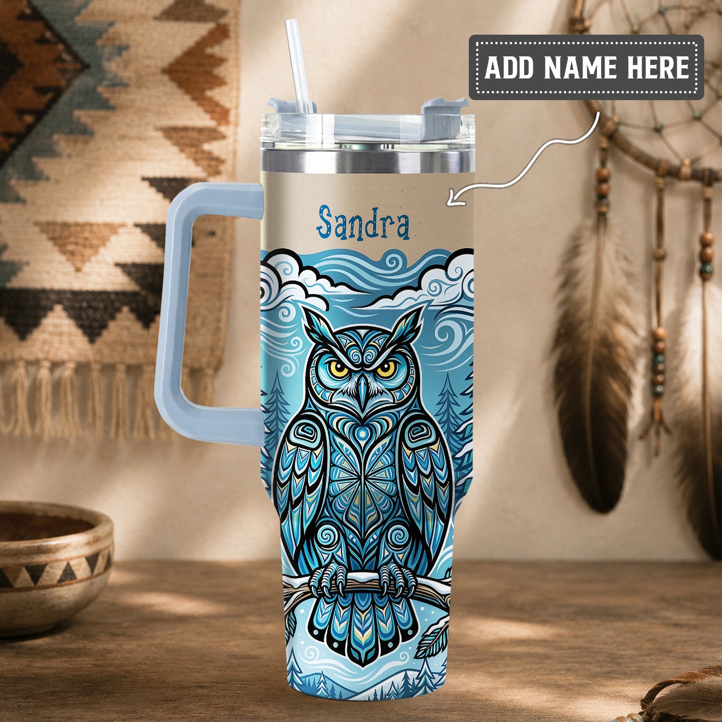 Azure Owl Spirit Personalized Tumbler