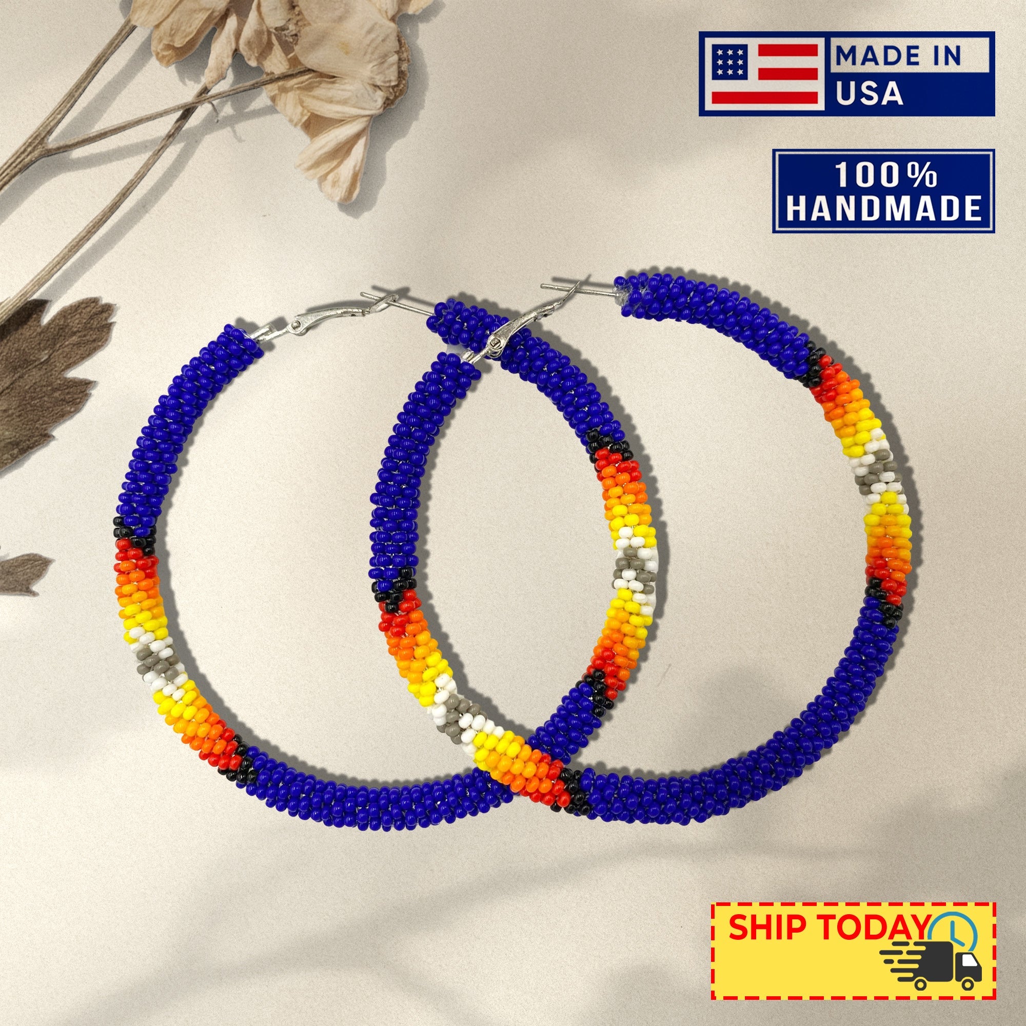 SALE 50% OFF - Pattern  Deep Blue Hoop Beaded Handmade Earrings For Women