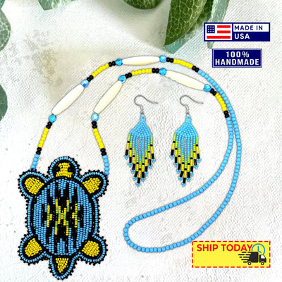 SALE 50 %OFF - New Handmade Black Blue Turtle Long Necklace Earring Set