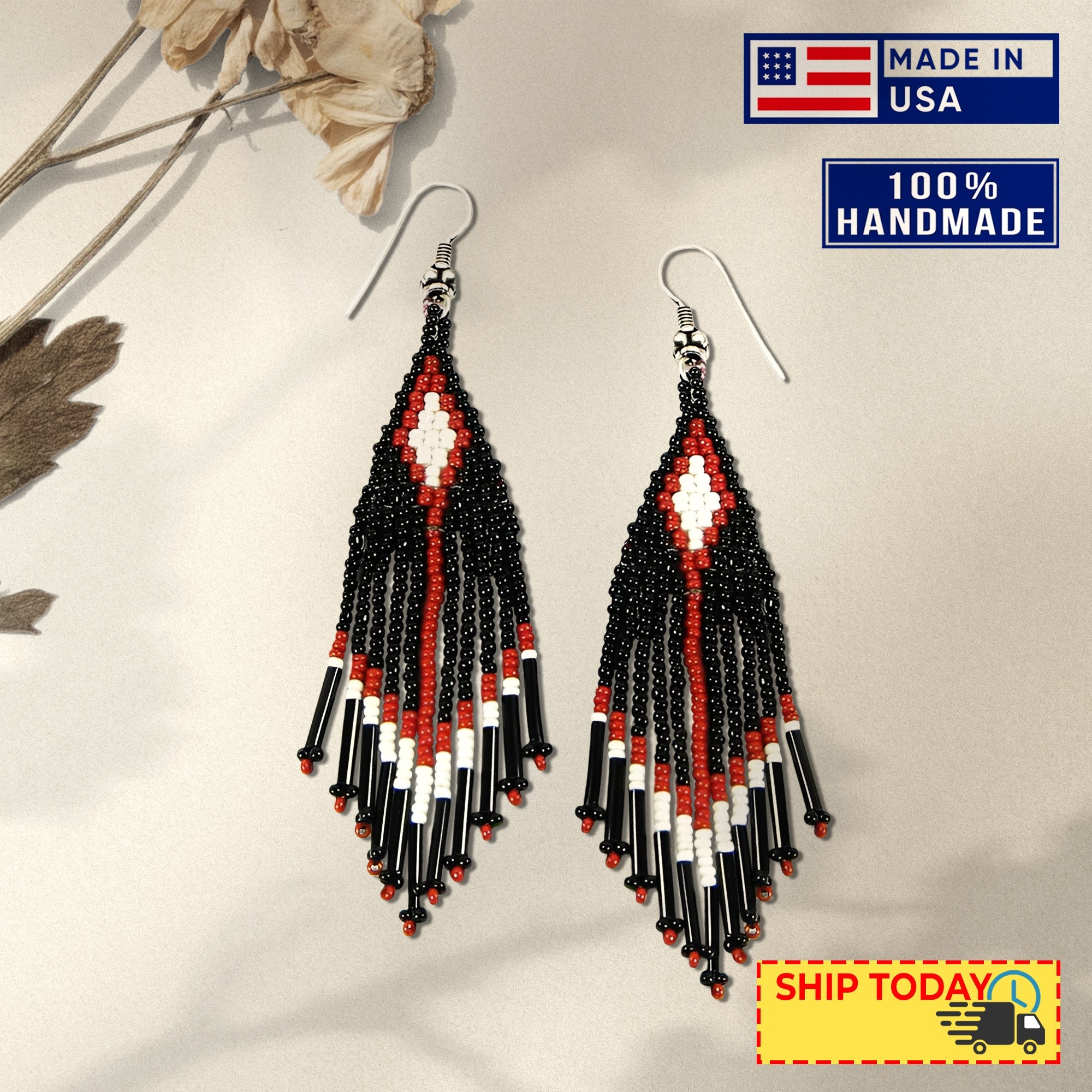 SALE 50% OFF -  Black Seed Bead Pattern Beaded Handmade Earrings For Women