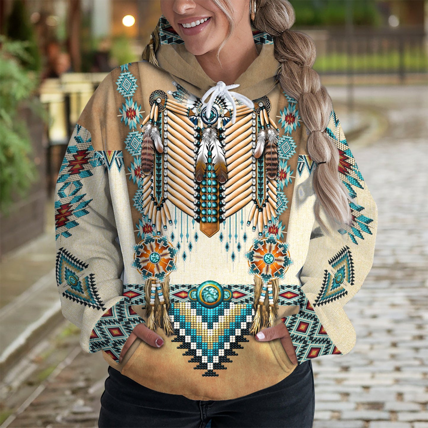 Tribal Beaded Headdress Hoodie – Turquoise & Feather Pattern