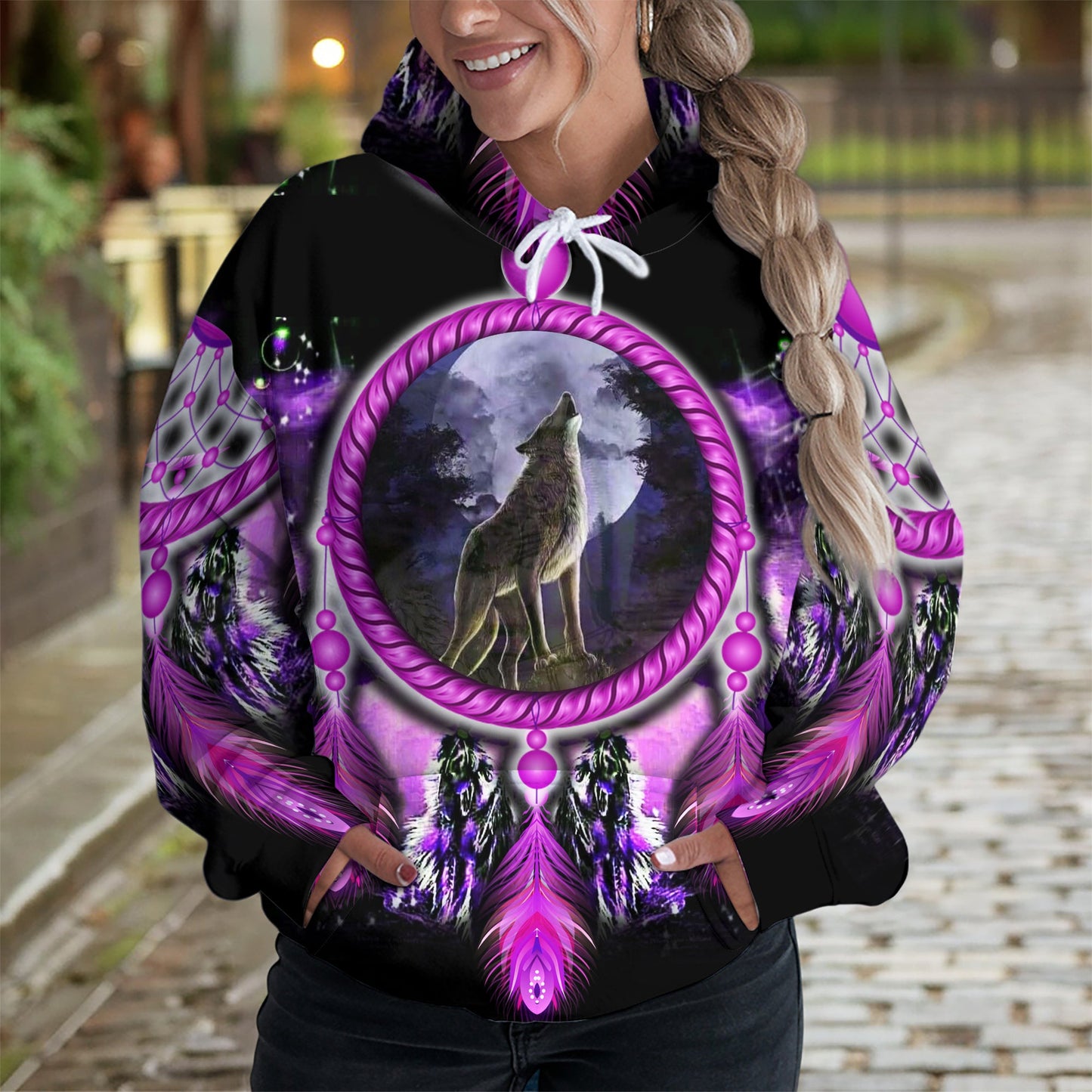 Wolf Dreamcatcher Hoodie – Purple Tribal Moon Howl Design