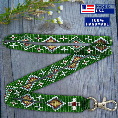 SALE 50% OFF - Green Red White Seed Beaded Lanyard Id Holder Red Cross Beadwork