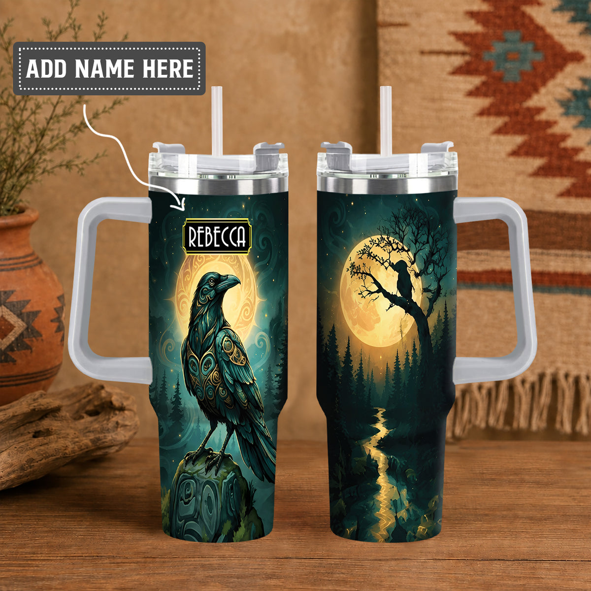Raven Midnight Forest Personalized Tumbler