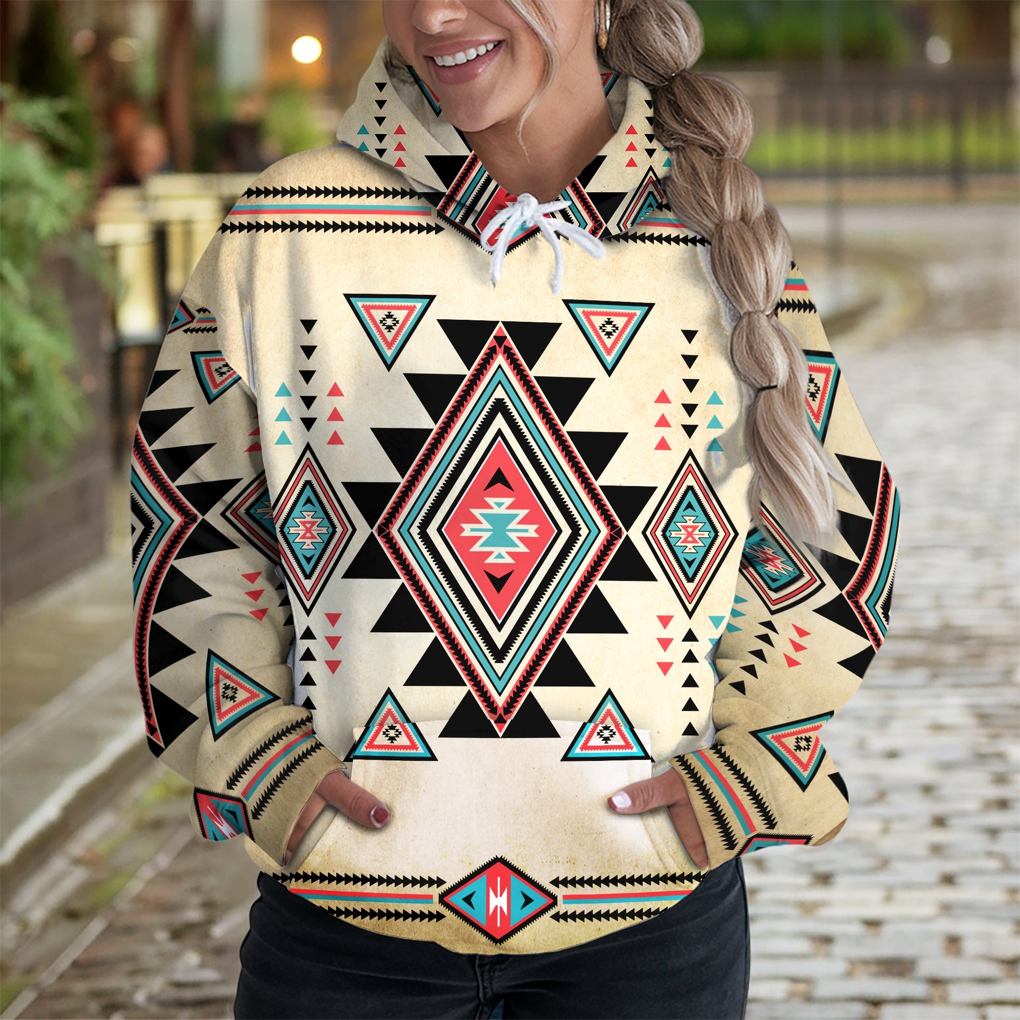 Native Geometric Print Hoodie – Desert Tones & Tribal Vibes