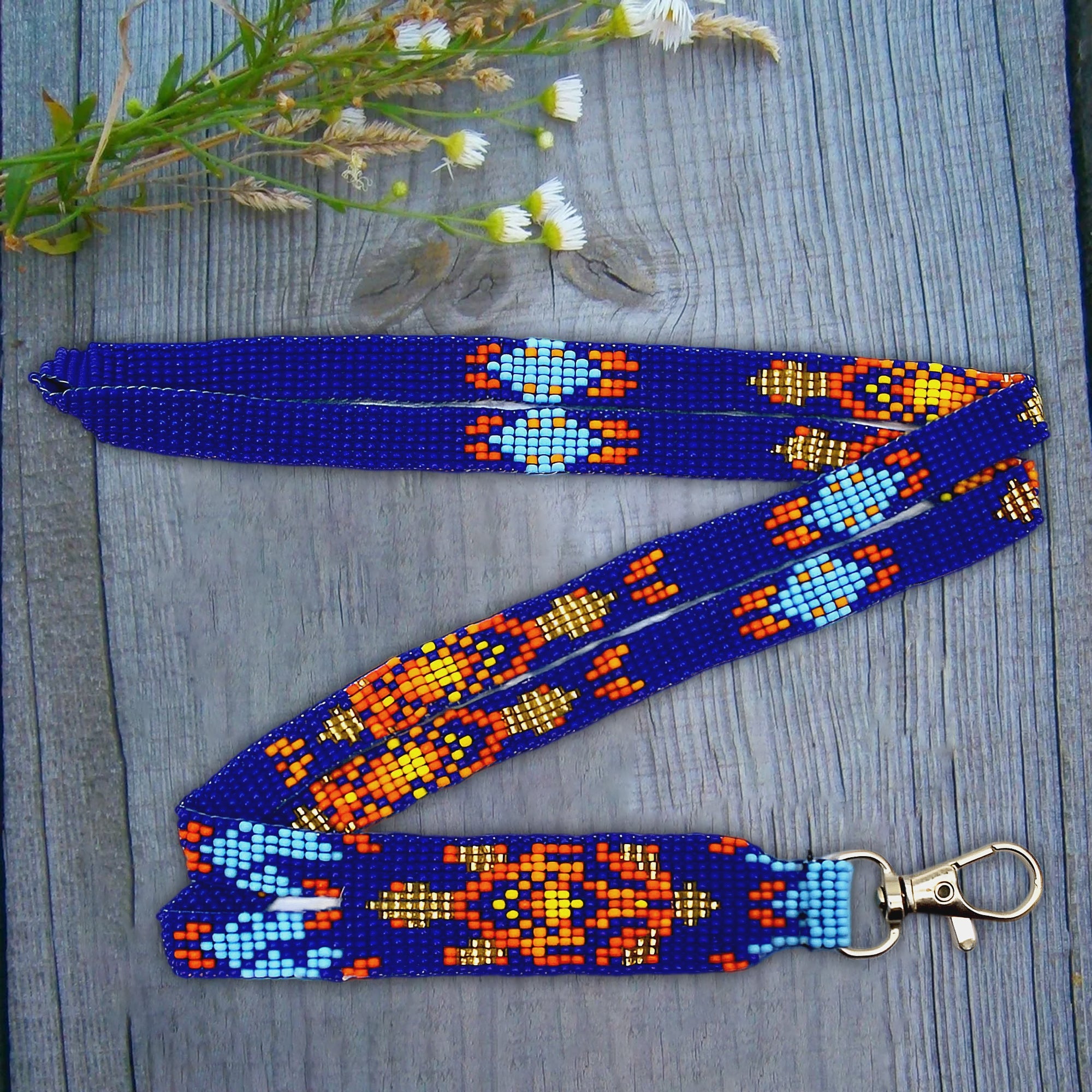 SALE 50% OFF - Handmade beaded Turtle design Blue Orange Lanyard Beadwork