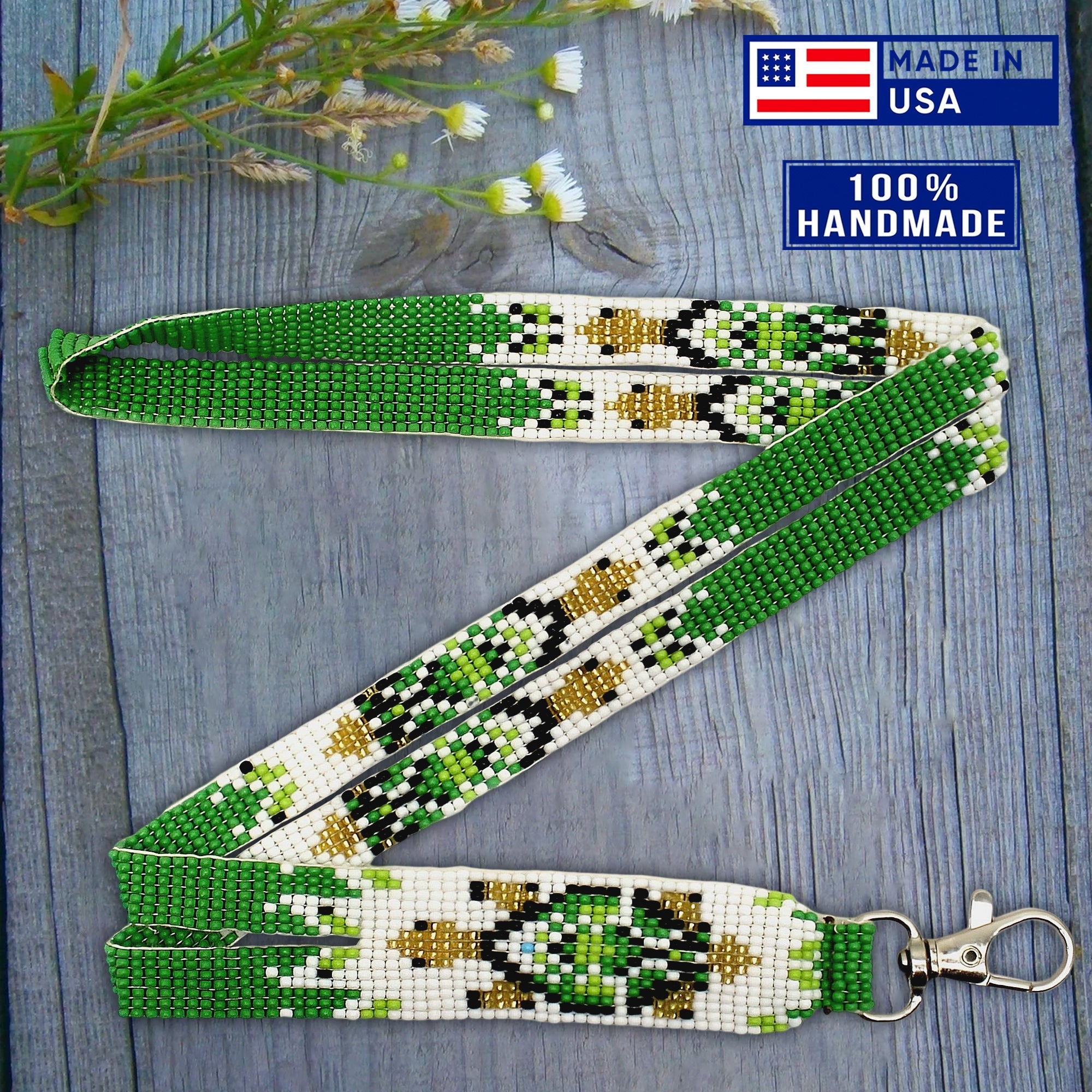 SALE 50% OFF - Handmade beaded Turtle design Green White Lanyard