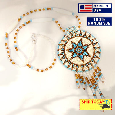 SALE 50 %OFF - White Turquoise Seed Bead Long Star Medallion Necklace Earrings Set