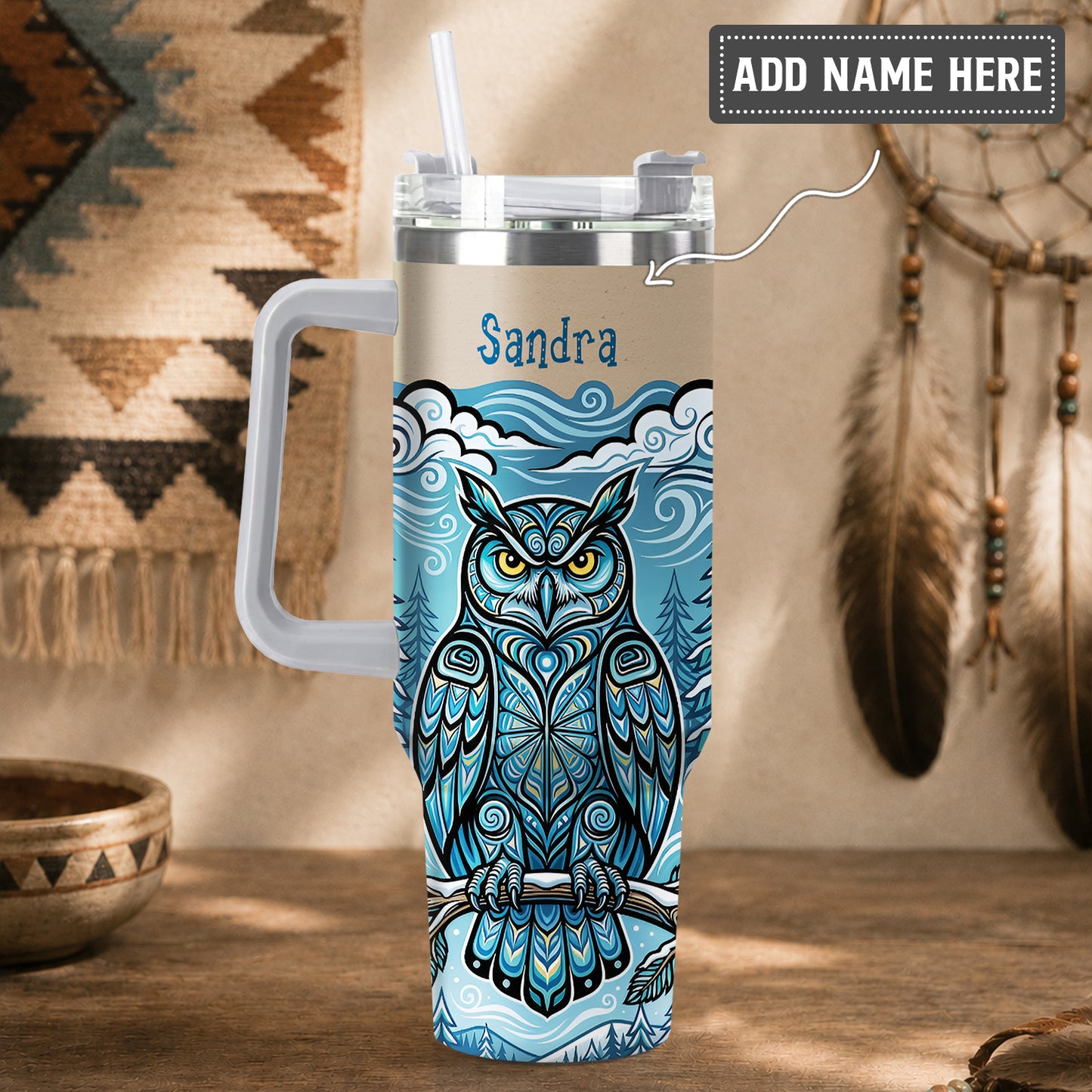 Azure Owl Spirit Personalized Tumbler
