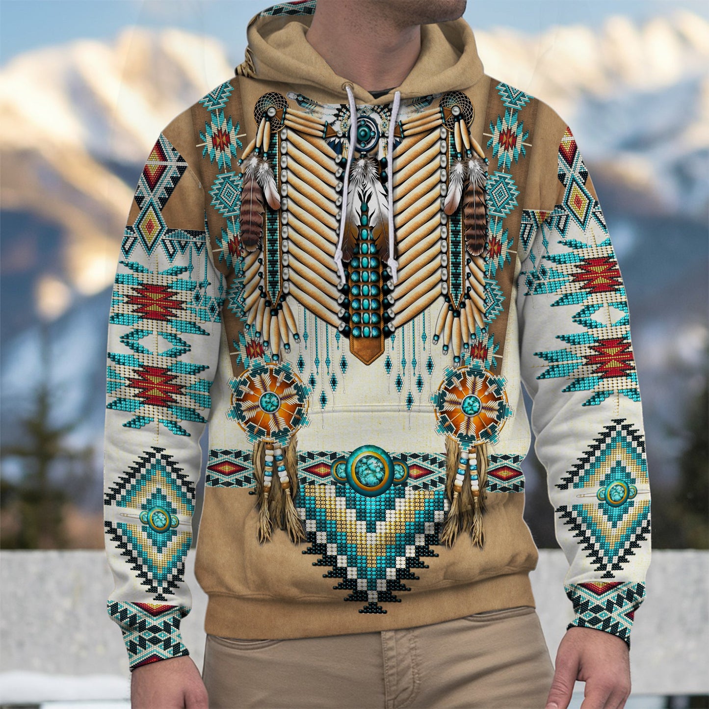 Tribal Beaded Headdress Hoodie – Turquoise & Feather Pattern